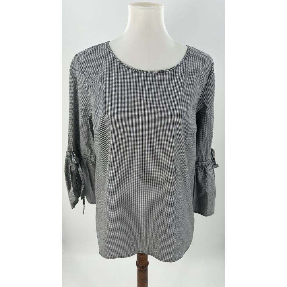 J.Crew Women’s Gingham Bell Sleeve Blouse Top Black White Check Size M Cotton